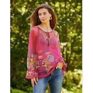 $270 JOHNNY WAS Mazzy Floral Dragon Peasant Mesh Peasant Top | Sz XS Pink Boho